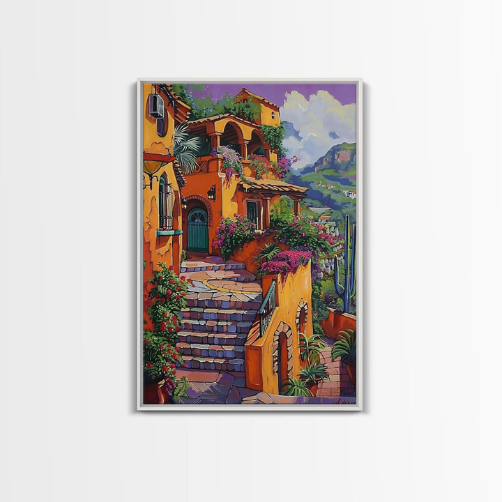 Framed Canvas Print Tall Art Mexican Style Scenic Steps Lined With Colorful Flowers And Architecture