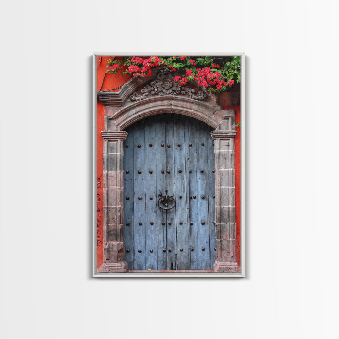 Mexican Style Colorful Architecture Framed Canvas Print Tall Art Depicting Traditional Blue Doors
