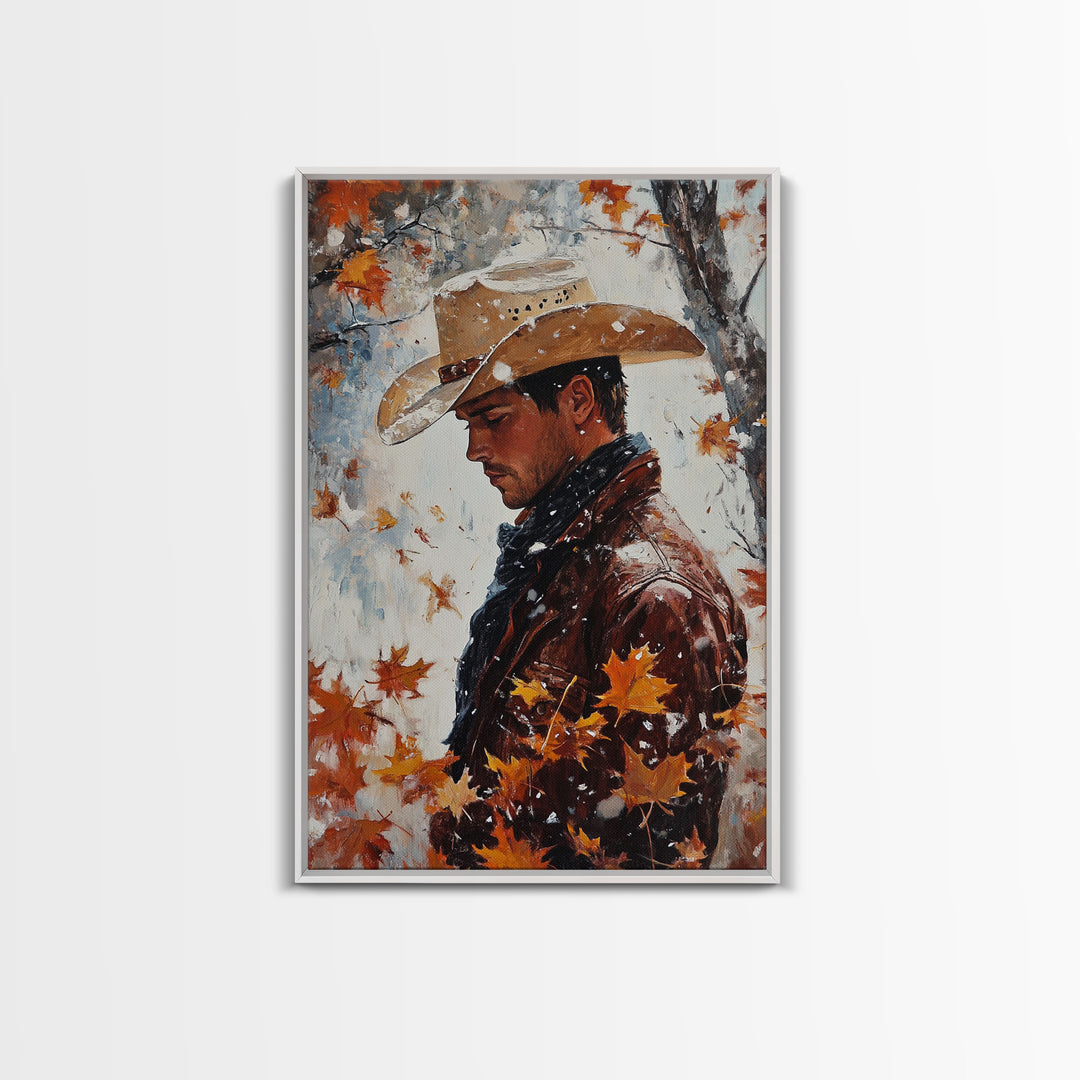 Rustic Cowboy Holiday Art Framed Canvas Print with Falling Leaves, Perfect Autumn Decor and Seasonal Gift Idea 2024