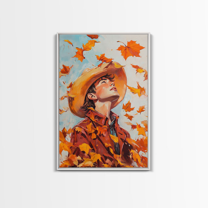 Cowboy Fall Decor Canvas Print with Windblown Leaves, Rustic Farmhouse Autumn Holiday Wall Art Seasonal Gift Idea 2024