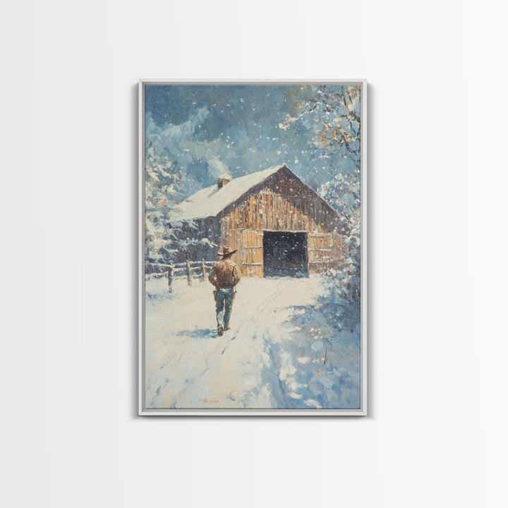 Cowboy Walking in Snow Scene Framed Canvas Print - Moody Landscape Art for Winter Home Decor 2024 Rustic Winter Wall Art
