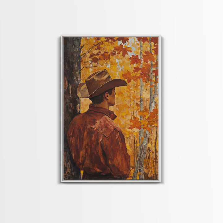 Cowboy in Autumn Forest Framed Canvas Print - Rustic Fall Wall Art Perfect Gift Idea 2024 Country Decor - Moody Landscape Art
