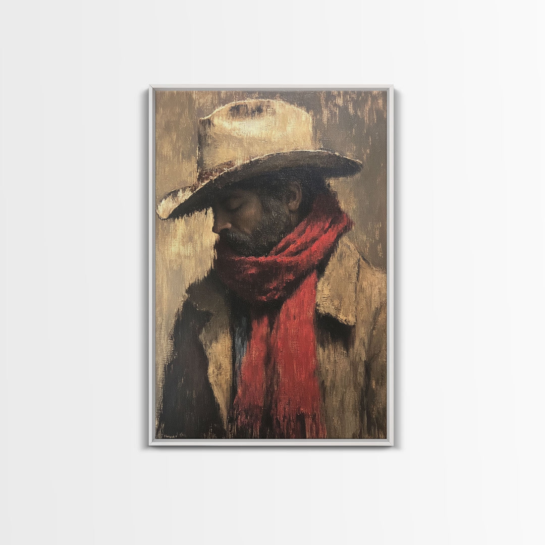 Moody Cowboy with Red Scarf Framed Canvas Print - Rustic Winter Landscape Art Best Gift Idea 2024 Christmas Wall Art