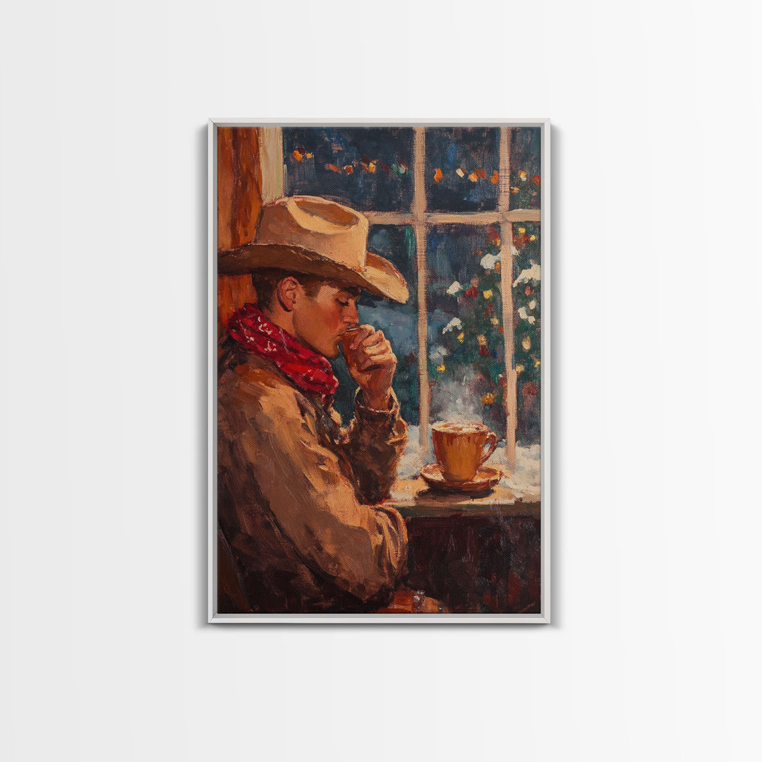 Cowboy in Snow with Coffee Framed Canvas Print - Winter Country Scene Art 2024 Cozy Christmas Wall Decor and Gift Idea