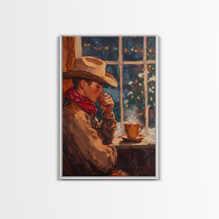 Cowboy in Snow with Coffee Framed Canvas Print - Winter Country Scene Art 2024 Cozy Christmas Wall Decor and Gift Idea