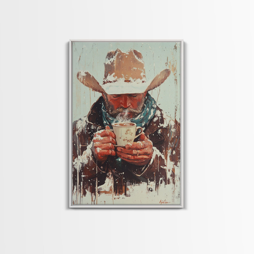Cowboy Riding Horse in Winter Forest Framed Canvas Print - Moody Winter Landscape Art Perfect 2024 Christmas Home Decor
