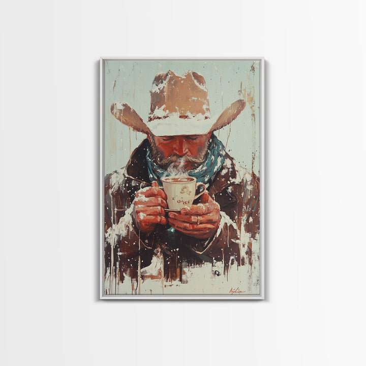 Cowboy Riding Horse in Winter Forest Framed Canvas Print - Moody Winter Landscape Art Perfect 2024 Christmas Home Decor
