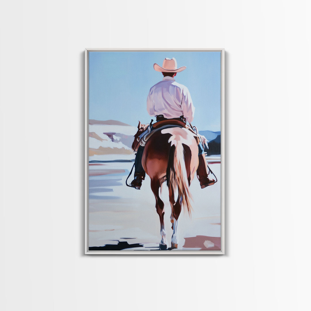 Cowboy Riding Horse Autumn Path with Fall Leaves Framed Canvas Print Vintage Christmas Wall Art Winter Landscape Christmas Decor Gift Idea