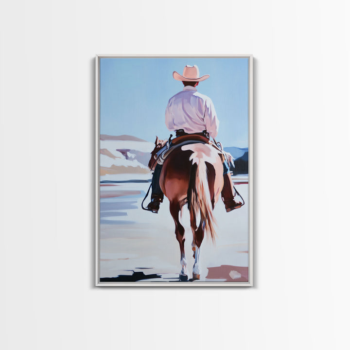 Cowboy Riding Horse Autumn Path with Fall Leaves Framed Canvas Print Vintage Christmas Wall Art Winter Landscape Christmas Decor Gift Idea