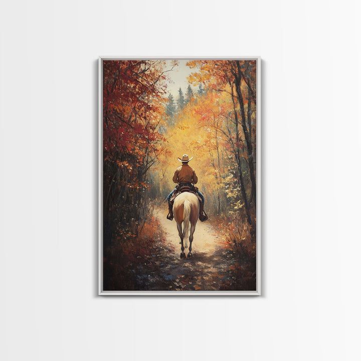 Cowboy Rider in Vibrant Autumn Forest Canvas Print Fall Season Wall Art Gallery Wall Christmas Wall Decor Vintage Cowboy Art Gift Idea