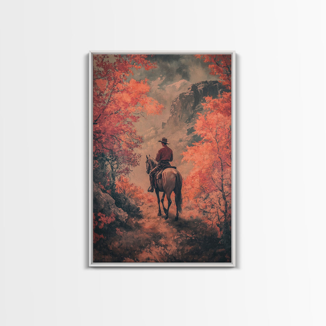 Cowboy in Forested Autumn Trail Framed Canvas Print Vintage Christmas Wall Decor Autumn Landscape Christmas Art Print Country Christmas