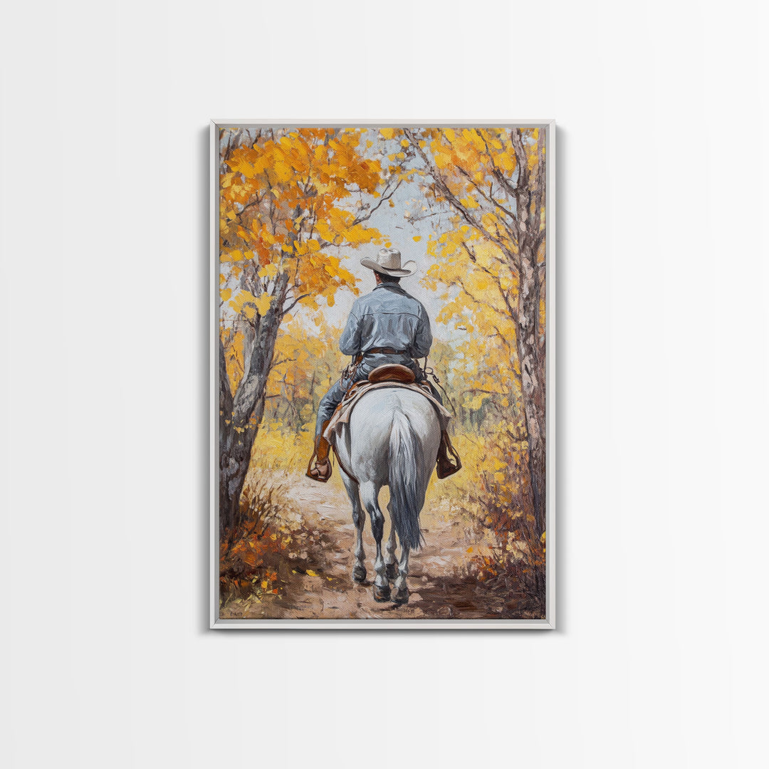 Lone Cowboy Riding Through Red Autumn Trees Framed Canvas Print Vintage Christmas Wall Art Fall Decor Winter Wonderland Seasonal Wall Art