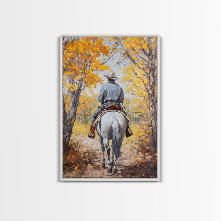 Lone Cowboy Riding Through Red Autumn Trees Framed Canvas Print Vintage Christmas Wall Art Fall Decor Winter Wonderland Seasonal Wall Art