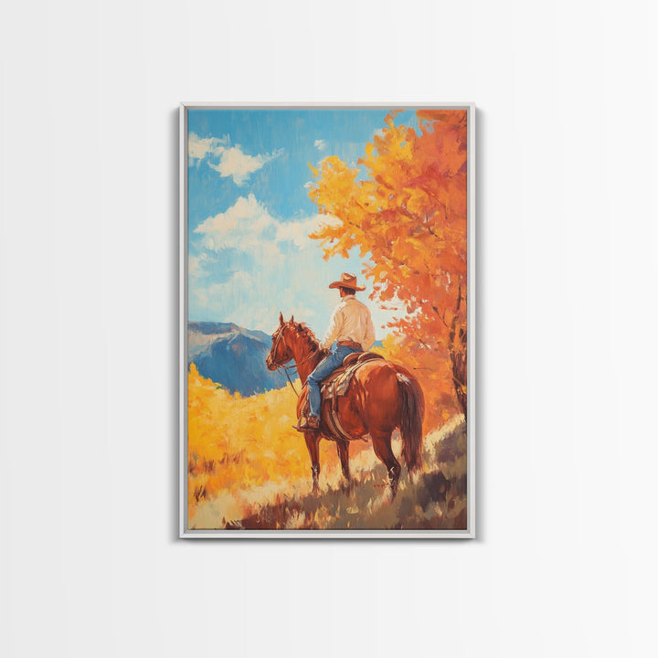 Cowboy in Colorful Autumn Trail Framed Canvas Print Country Christmas Decor Fall Wall Art Vintage Christmas Decor Gift Idea Gallery Wall Art