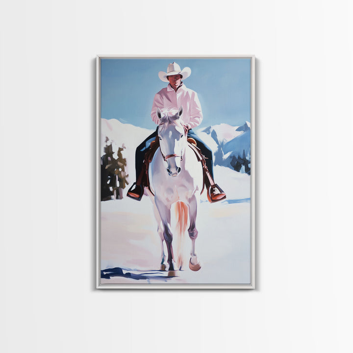 Lone Cowboy on White Horse in Snowy Landscape Canvas Print Winter Christmas Art Seasonal Wall Art Vintage Christmas Moody Landscape Gift