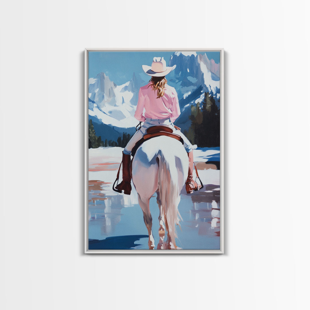 Female Cowboy Riding Through Winter Mountains Framed Canvas Print Christmas Wall Art Winter Wonderland Vintage Christmas Gift Wall Art