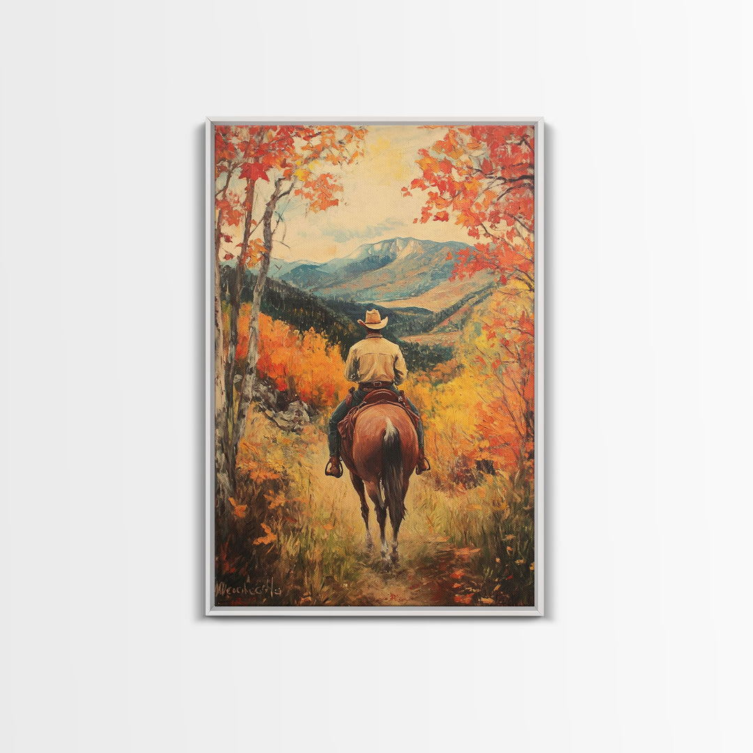 Cowboy in Autumn Landscape Canvas Print Fall Wall Art Vintage Christmas Wall Decor Country Christmas Gift Seasonal Wall Art Fall Decor