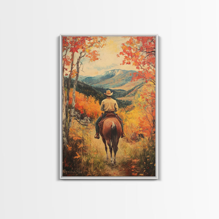 Cowboy in Autumn Landscape Canvas Print Fall Wall Art Vintage Christmas Wall Decor Country Christmas Gift Seasonal Wall Art Fall Decor