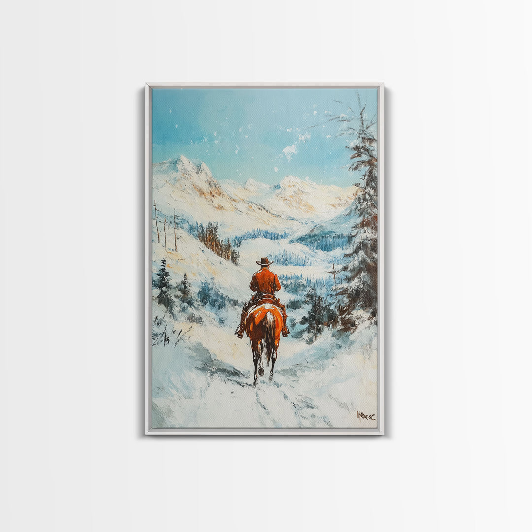 Cowboy Riding Through Snowy Mountains Framed Canvas Print Christmas Wall Art Winter Wonderland Decor Seasonal Wall Art Christmas Gift Idea