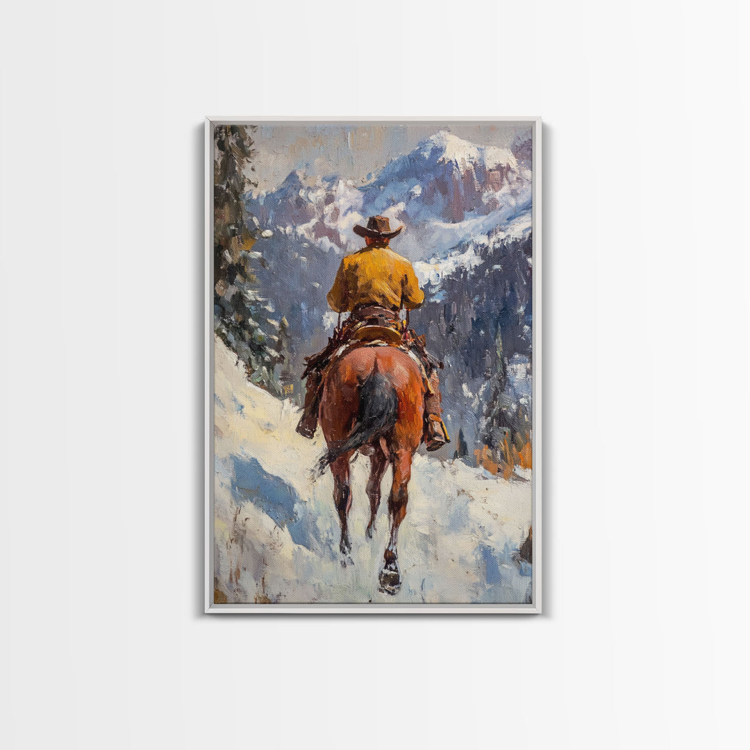 Cowboy on Horseback in Autumn Mountains Canvas Print Fall Wall Art Vintage Christmas Decor Country Christmas Wall Art Gift Idea Seasonal Art