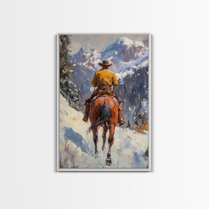 Cowboy on Horseback in Autumn Mountains Canvas Print Fall Wall Art Vintage Christmas Decor Country Christmas Wall Art Gift Idea Seasonal Art