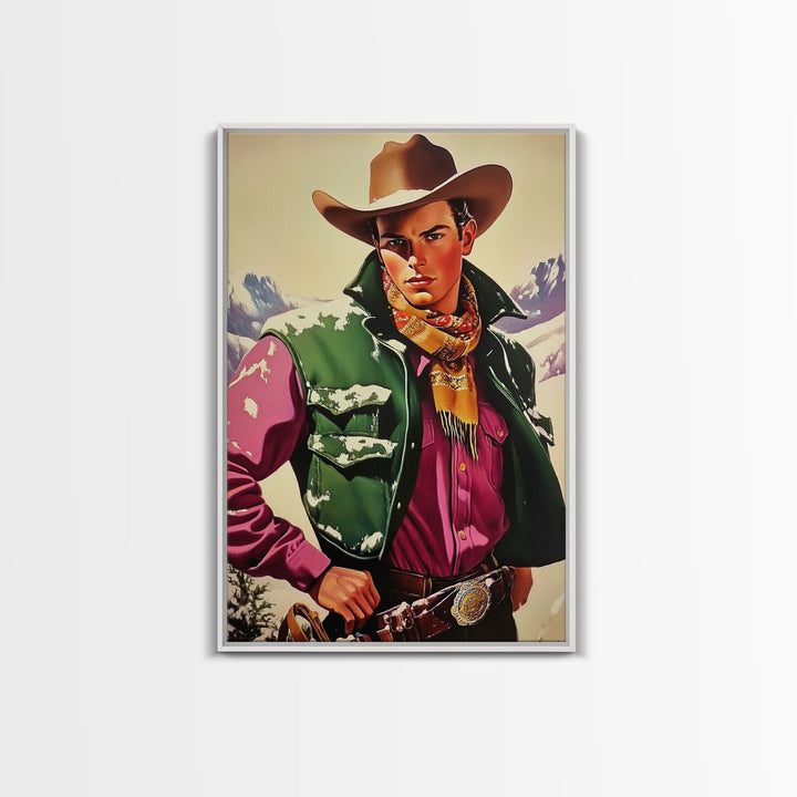 Retro Cowboy in Snowy Mountain Canvas Print, Winter Wall Art, Holiday Decor, Vintage Christmas Art, Rustic Wall Decor, Framed Canvas Print