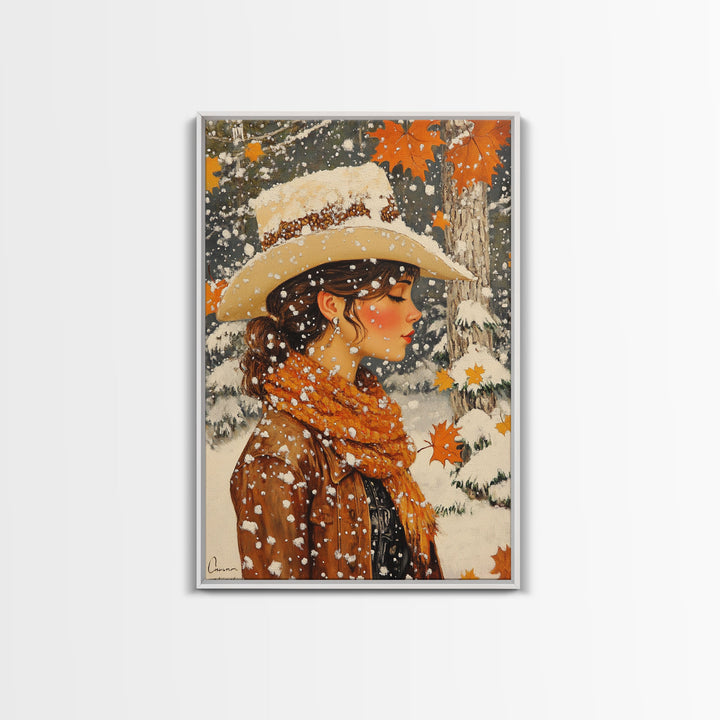 Snowy Cowgirl in Fall Scene Canvas Print, Seasonal Holiday Art, Rustic Christmas Decor, Farmhouse Wall Art, Winter Wonderland Wall Print