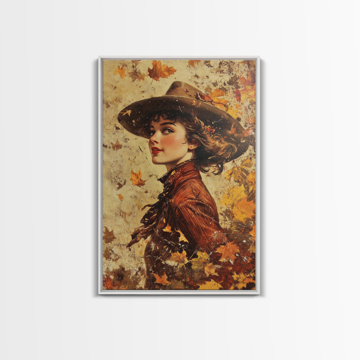 Autumn Cowgirl Portrait Canvas Print, Vintage Fall Wall Art, Farmhouse Decor, Holiday Art, Perfect Home Decor Gift Idea, Framed Canvas Print