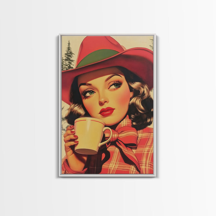 Retro Christmas holiday art framed canvas print a stylish woman with coffee holiday wall art perfect for vintage Christmas home decor