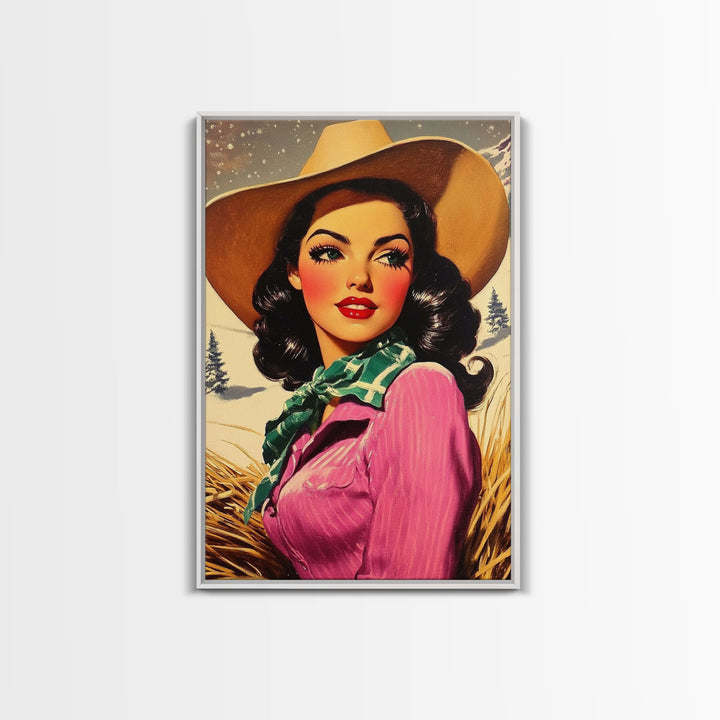 Retro Christmas framed canvas print festive cowgirl in a snowy landscape perfect holiday wall art or vintage Christmas home decor gift idea