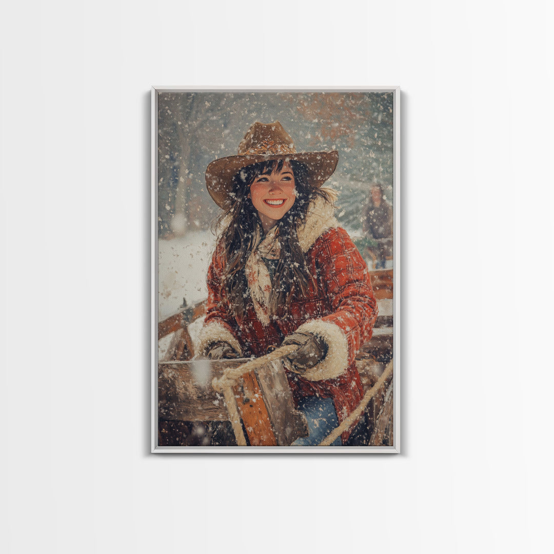 Country Christmas framed canvas print cheerful woman enjoying a snowy ride perfect seasonal wall art or vintage holiday home decor idea