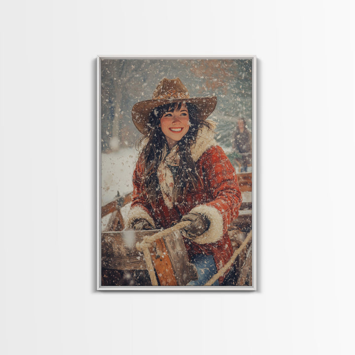 Country Christmas framed canvas print cheerful woman enjoying a snowy ride perfect seasonal wall art or vintage holiday home decor idea