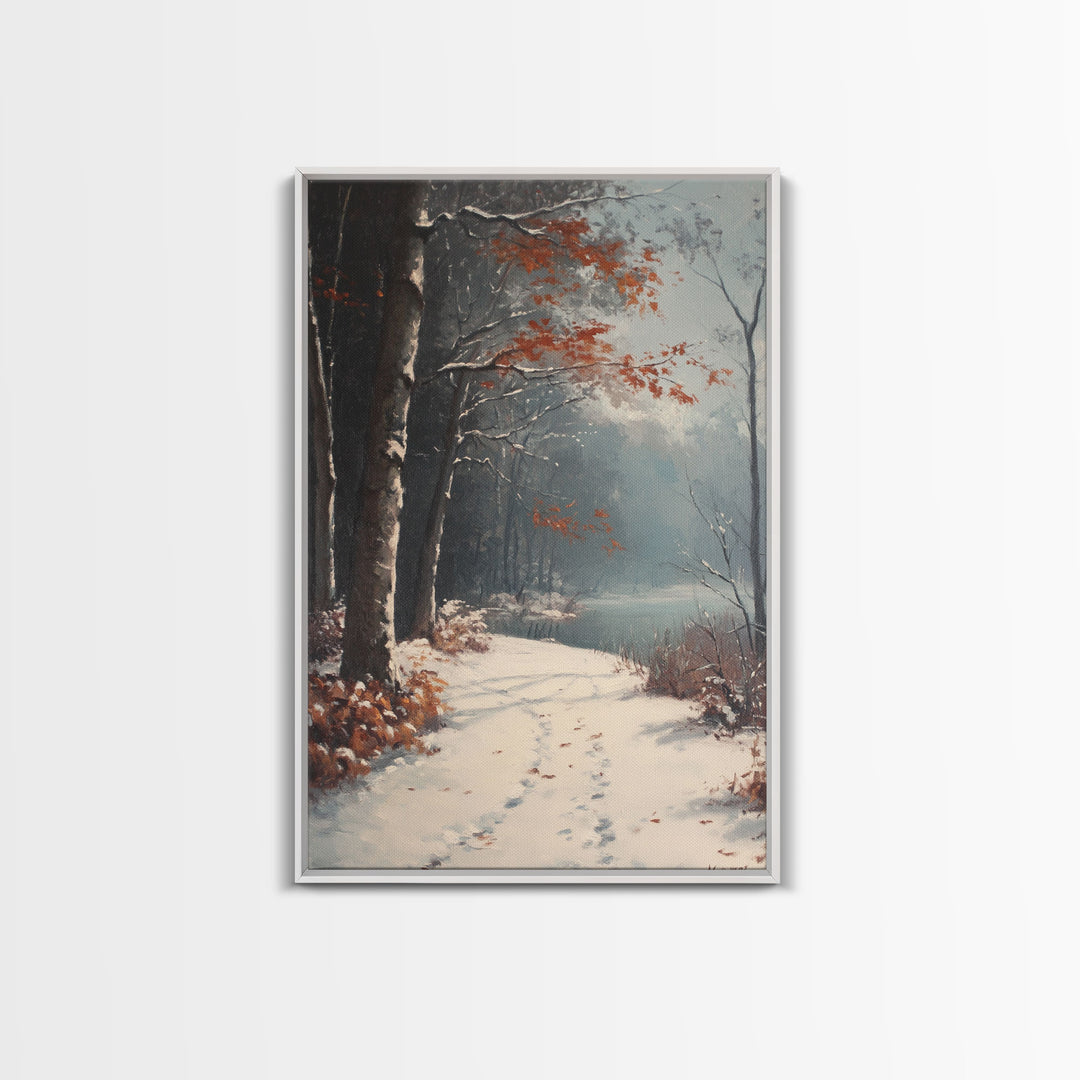 Framed Canvas Print of a Snowy Path with Trees and Red Leaves, Winter Wall Art, Moody Landscape, Best Gift Idea, Modern Christmas Decor