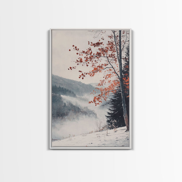Canvas Print of Snowy Mountain Trees Red Leaves, Winter Wonderland Wall Art, Best Gift Idea, Moody Landscape, Rustic Christmas Decor