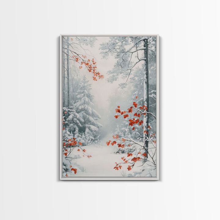 Canvas Print of Winter Wonderland with Red Leaves in Snow, Winter Wall Art, Best Gift Idea, Moody Landscape, Christmas Home Decor