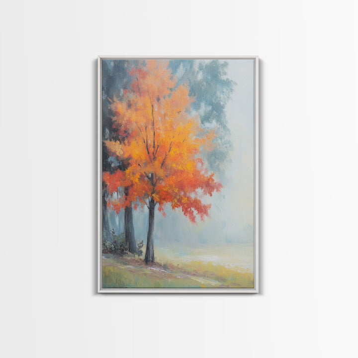 Canvas Print of Vibrant Autumn Tree in Misty Background, Seasonal Wall Art, Fall Decor, Best Gift Idea, Modern Farmhouse Landscape Art