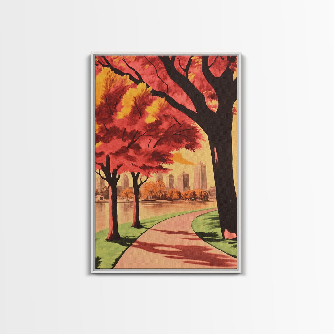 Canvas Print of City Park with Autumn Trees and Path, Seasonal Wall Art, Modern Farmhouse Decor, Best Gift Idea, Fall Cityscape Art