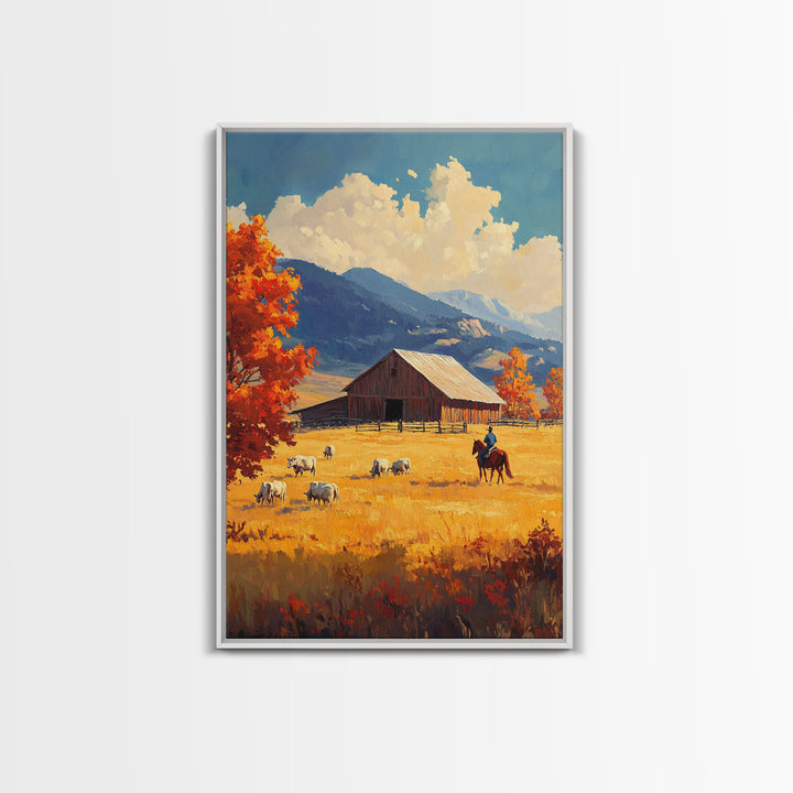 Cowboy Herding Cattle Framed Canvas Print Rustic Autumn Landscape With Barn And Vibrant Fall Colors Perfect Country Christmas Decor Art