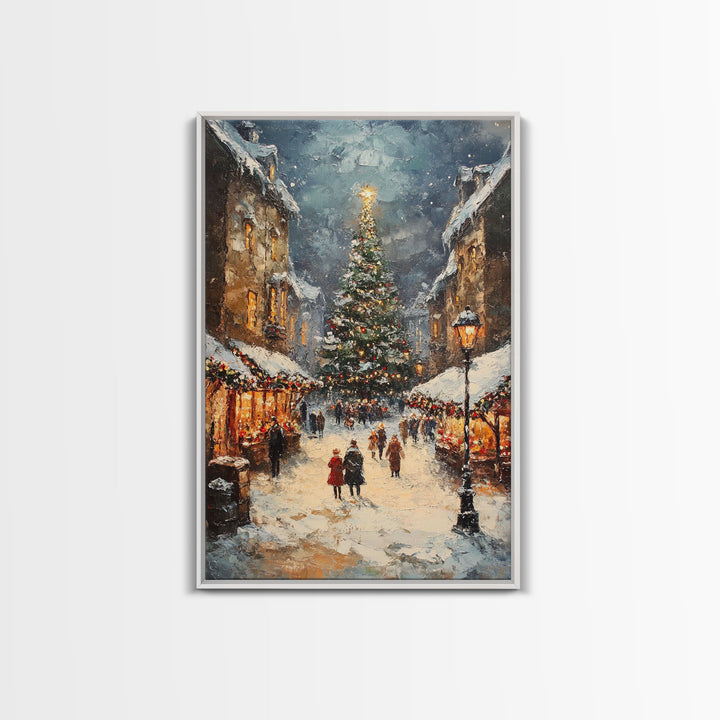 Christmas Market Scene With Tree And Snow Framed Canvas Print Vintage Holiday Village Scene Perfect For Christmas Wall Art And Holiday Decor