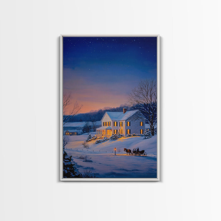 Cozy Snowy House Winter Landscape Framed Canvas Print Wall Art Christmas Decor, Country Christmas Art Gift, Winter Wonderland Art