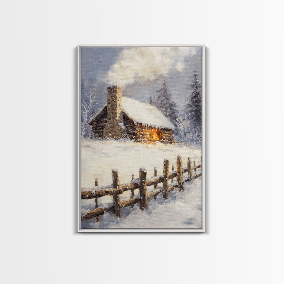 Rustic Cabin In Snow Framed Canvas Print Wall Art Christmas Home Decor, Winter Landscape Art, Cozy Winter Cabin Scene