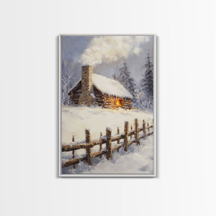 Rustic Cabin In Snow Framed Canvas Print Wall Art Christmas Home Decor, Winter Landscape Art, Cozy Winter Cabin Scene
