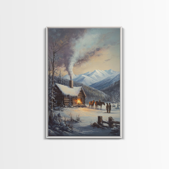 Mountain Cabin In Snow With Horses Framed Canvas Print Wall Art Rustic Winter Decor, Country Christmas Art, Winter Wonderland Scene