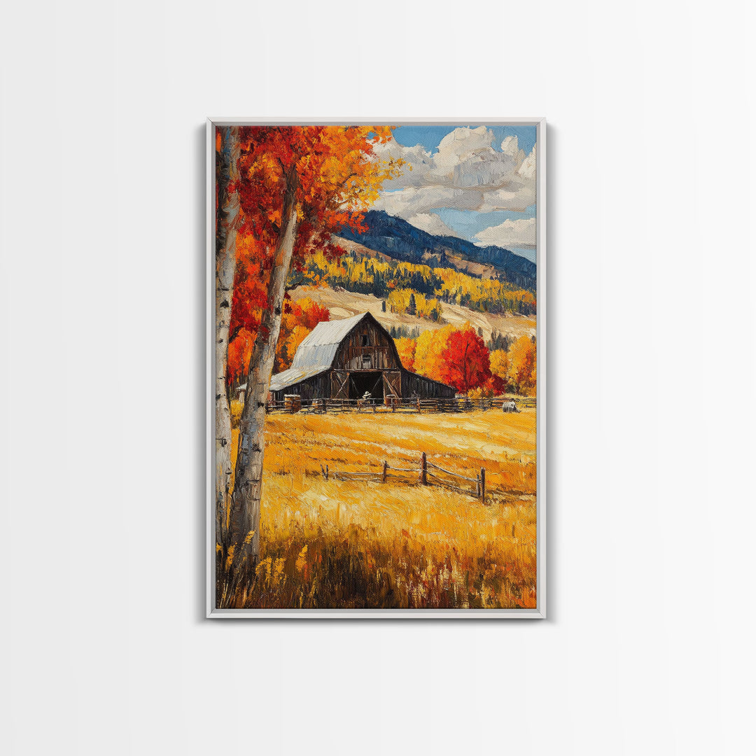 Countryside Barn in Autumn Framed Canvas Print, Bright Fall Landscape Birch Trees, Rustic Wall Art Country Home or Farmhouse Autumn Decor