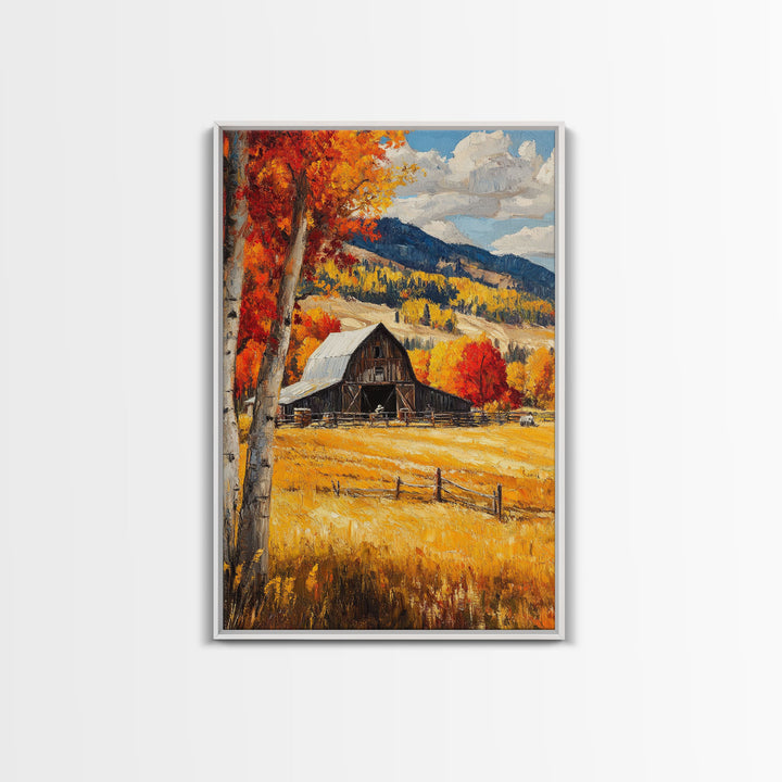 Countryside Barn in Autumn Framed Canvas Print, Bright Fall Landscape Birch Trees, Rustic Wall Art Country Home or Farmhouse Autumn Decor
