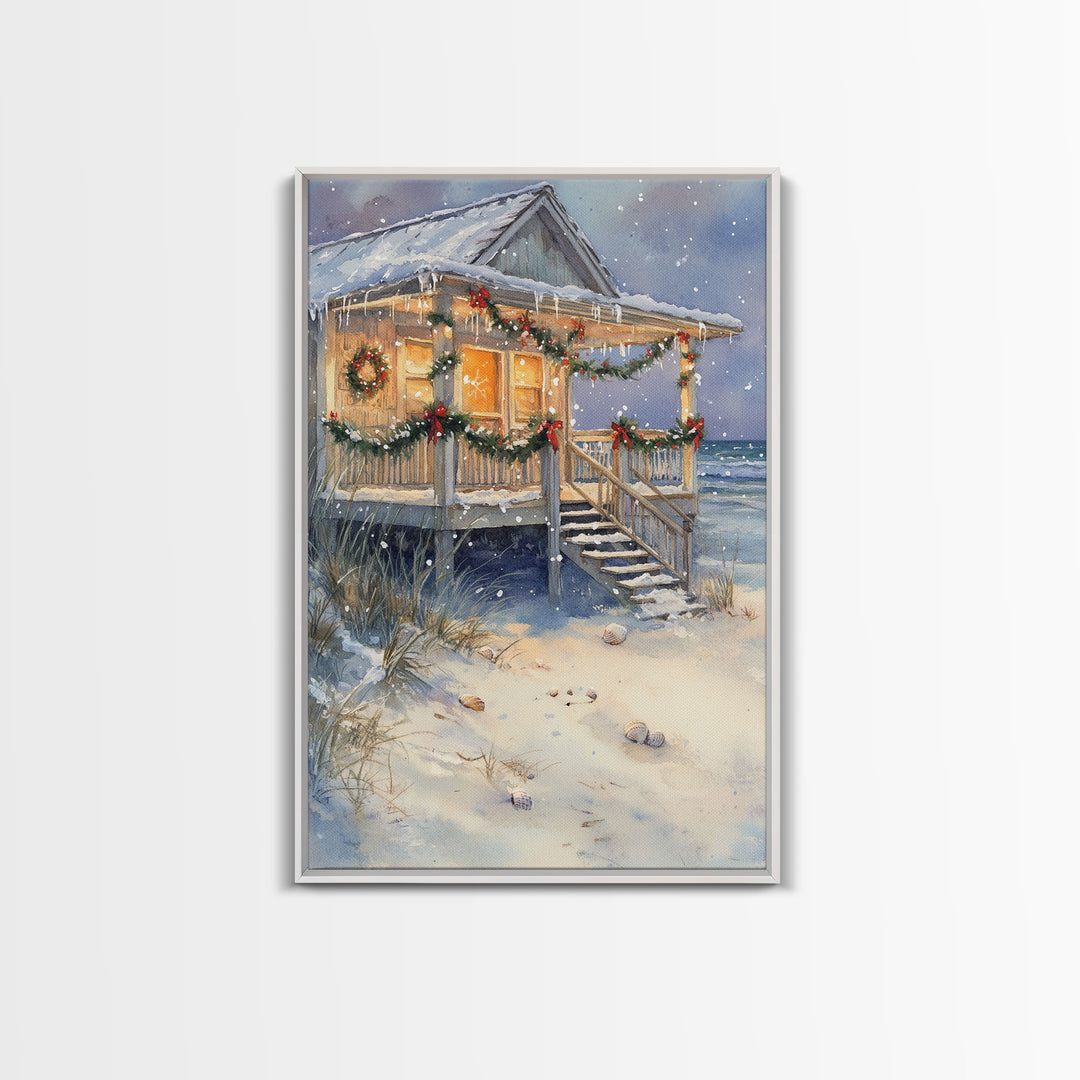 Beach Christmas Cottage Framed Canvas Print, Coastal Holiday Decor with Snow, Wreaths, and Shells, Perfect for Nautical Christmas Wall Art