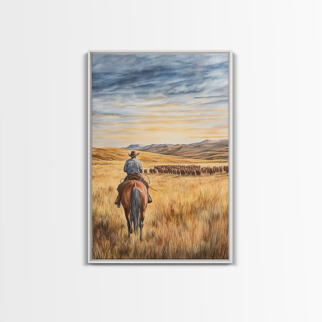 Cowboy leading cattle across golden prairie, Framed Canvas Print, western landscape wall art for rustic farmhouse decor, gift idea holiday