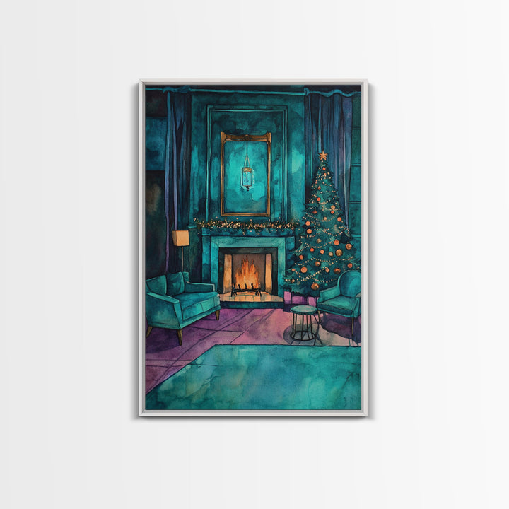 Cozy living room with Christmas tree and fireplace, Framed Canvas Print, Christmas wall art, perfect modern farmhouse holiday decor