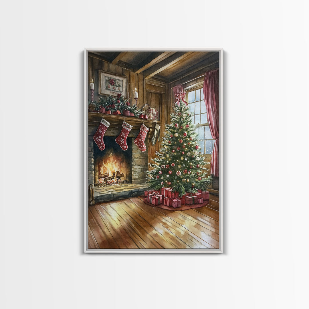 Cozy farmhouse Christmas interior Framed Canvas Print with tree stockings and fireplace, warm holiday art rustic Christmas decor mantle
