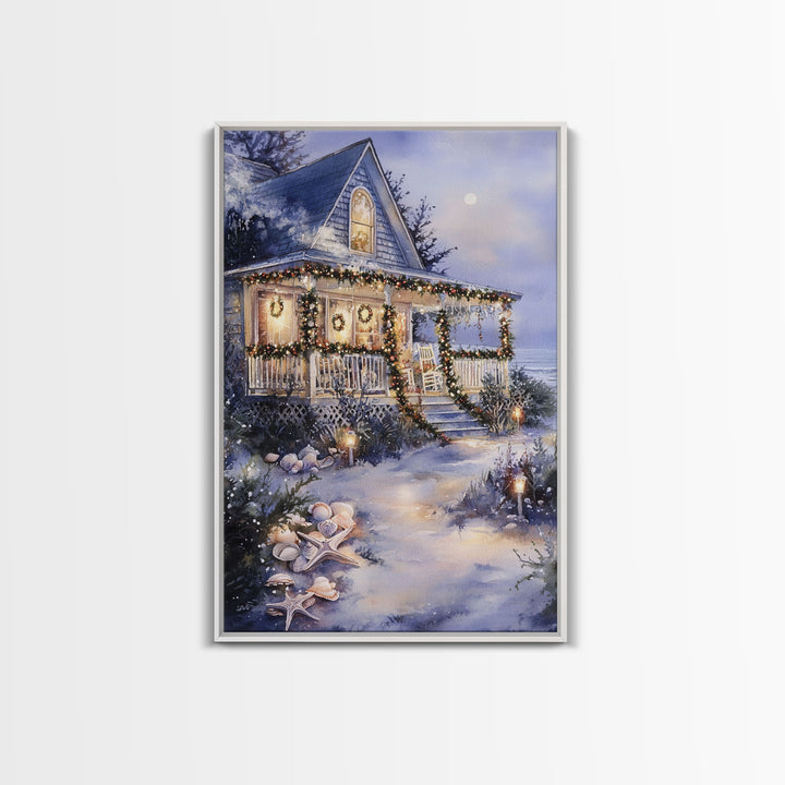 Charming beachfront cottage Christmas lights with wreaths Framed Canvas Print, beach house holiday wall art coastal Christmas decor